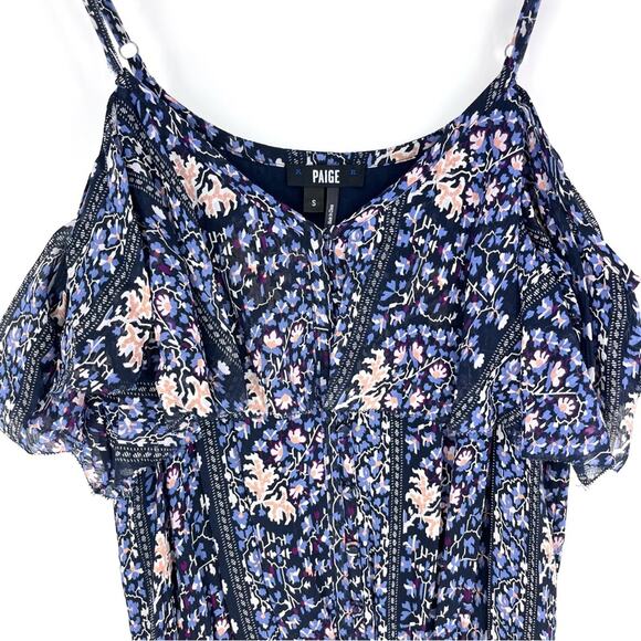 Paige Olympia Cold Shoulder Tiered Silk Mini Dress Boho Navy Floral Size Small - Picture 6 of 11